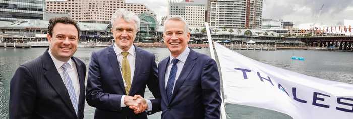 Hon. Stuart Ayres, MP NSW, Minister for Jobs, Investment, Tourism and Western Sydney, Robert Dane CEO Ocius and Chris Jenkins CEO Thales (photobombed by Bob the Bluebottle USV)