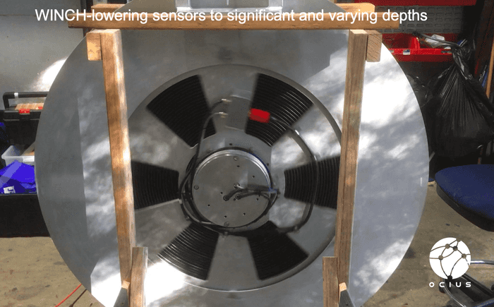 Thales array on the Ocius keel winch cassette in factory the cassette displaces 150 litres of water ballast in Bruce’s keel adding a cassette doesn’t change a Bluebottle’s displacement or trim