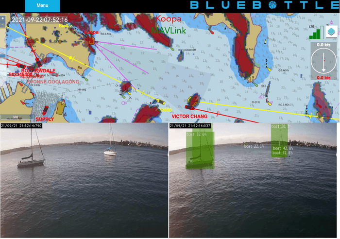 Wed 22 Sept 7.52 am Victor Chang Ferry detected by AIS, radar and camera. Top chart: Mast at RSYS detects Victor Chang ferry on AIS + Radar. Bottom left: normal camera. Bottom right: camera algorithm detects and classifies it as a boat 22.1%