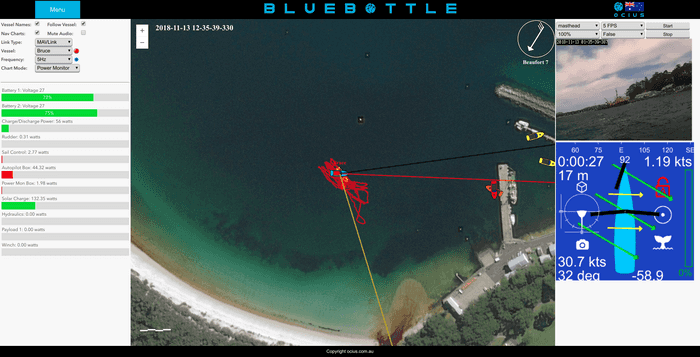 PHOTO: Bluebottle ‘Bruce’ on VIP day holding station 500m off a lee shore in 28- 35knots winds, for 5 hours using wave power only,- see WAVE POWER FLIPPER ICON
