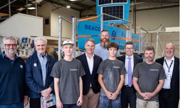 From left: Lloyd Breckenridge Chief Engineer Ocius, Robert Dane CEO Ocius, Smith Davies school-based apprentice, Hon Richard Marles Deputy Prime Minister, Hon Dan Repacholi Federal Member for Hunter at Australian Parliament, Joel Beashal school-based apprentice, Hon Pat Conroy Minister for Defence Industry, Brett Van Munster boatbuilder and Ian Milliner BD Ocius Defence.