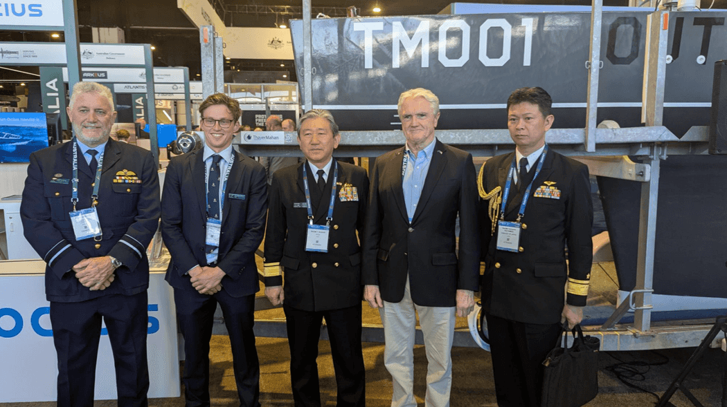 At Sea Air and Space in Washington in May we were visited by Japan’s Acquisition, Technology & Logistics Agency (ATLA). Photo – left to right: Air Vice-Marshal Tim Innes, DSC, CSC, Nick Rozenauers Ocius, Rear Admiral Tori Sasaki (Maritime Project Director of ATLA) Robert Dane Ocius and Rear Admiral Hayami (Liaison Officer at Japanese Embassy of the US) with BBTM001 at Sea Air Space Washington.